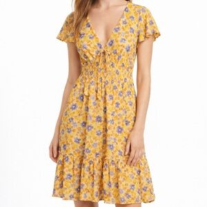 Arizona Jean Co. Yellow Purple Floral Smocked Waist Flutter Dress Large New